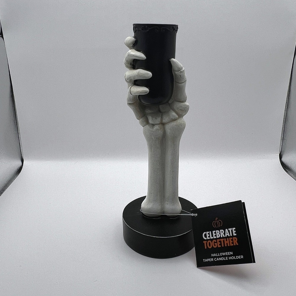Celebrate Together Halloween Skeleton Hand Taper Candle Holder Black White 8in